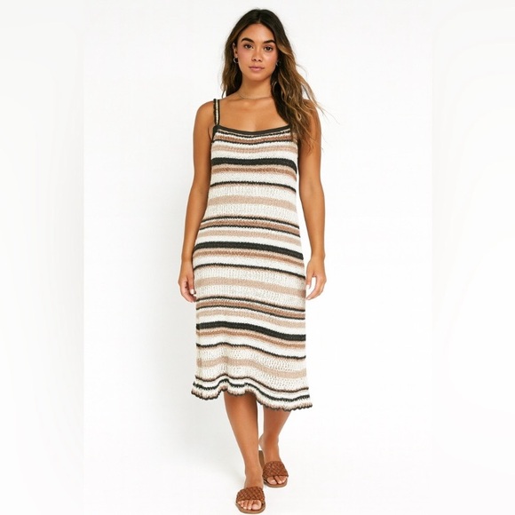 American Eagle Outfitters Dresses & Skirts - American Eagle Striped Ruffled Crochet Dress with Tie Back Brown Size Medium